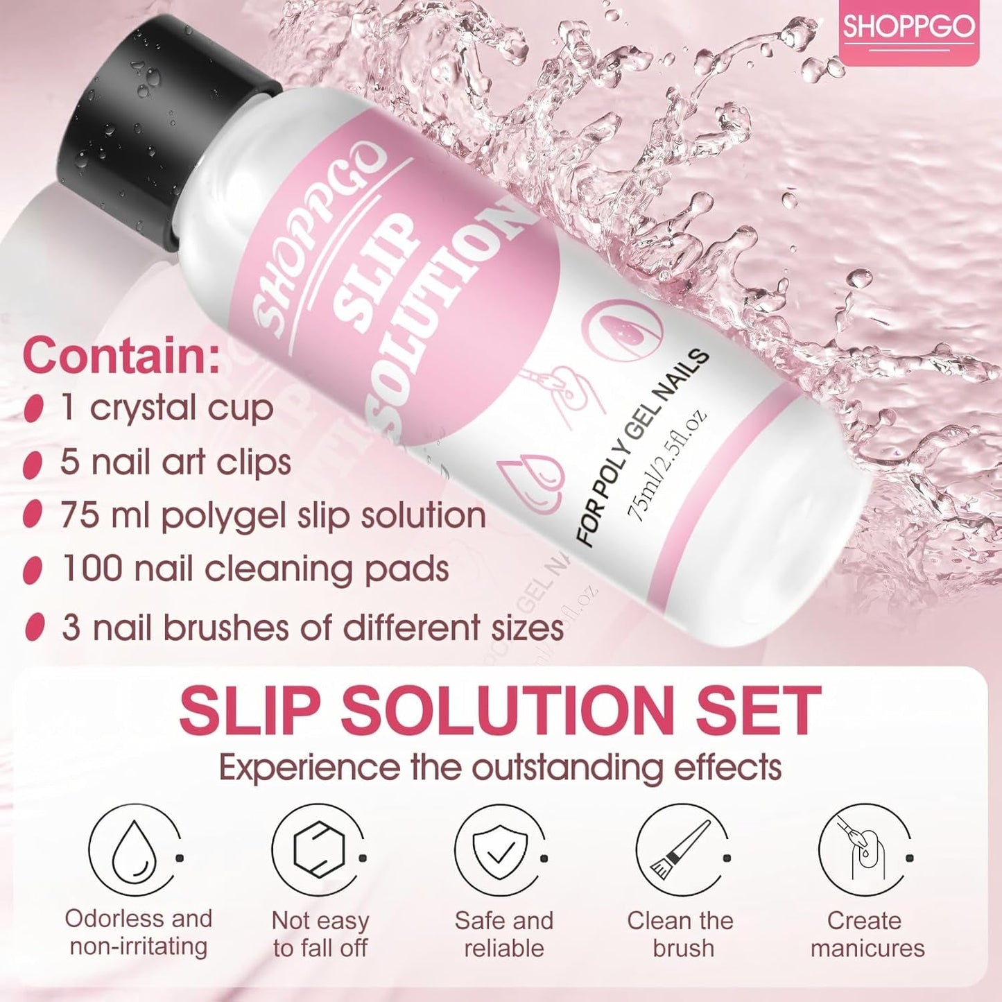 Polygel Straightening Solution, Polygel Slip Solution nagelkit, Straightening Solution 75 ml, inclusief 5 nageltipclips, 3 nagelborstels, 1 kristallen beker, 100 reinigingsvellen