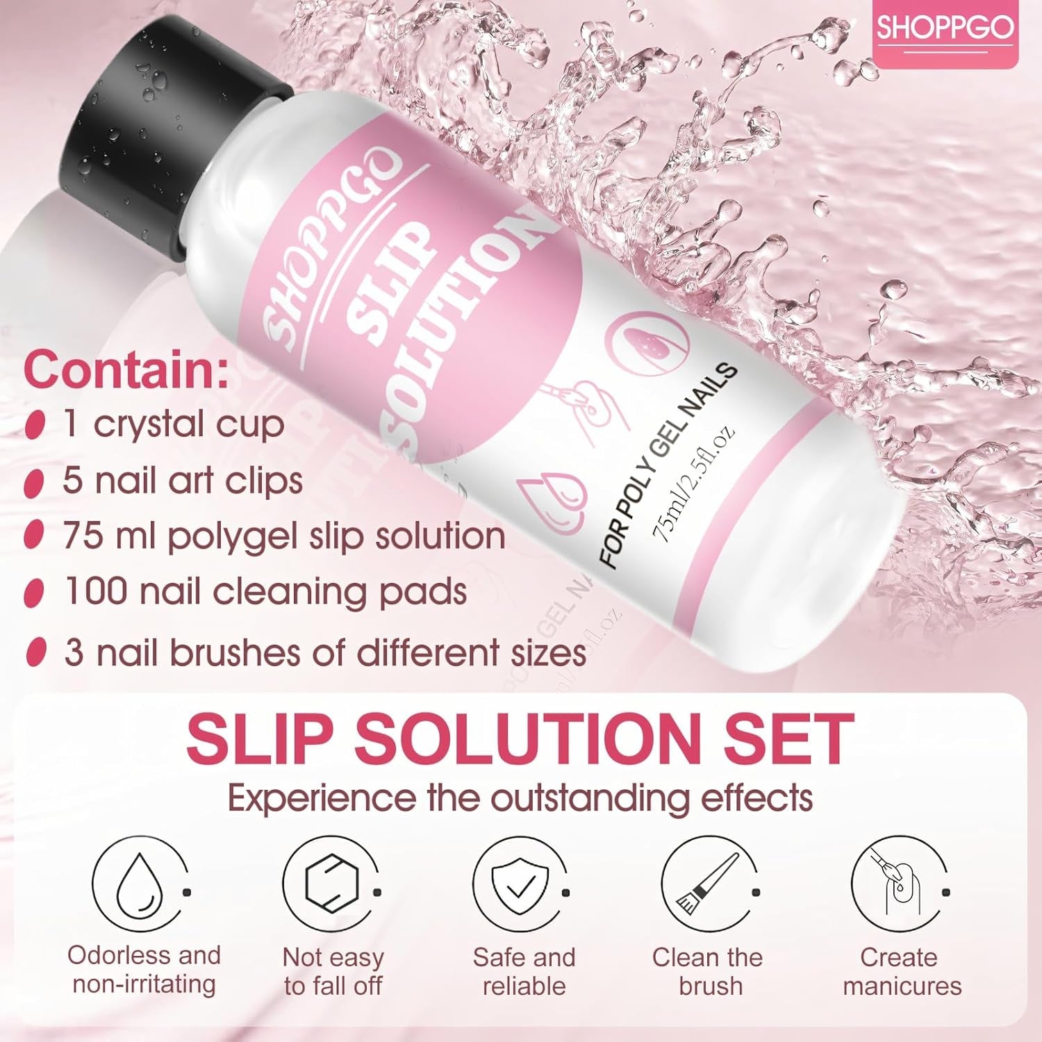 Polygel Straightening Solution, Polygel Slip Solution nagelkit, Straightening Solution 75 ml, inclusief 5 nageltipclips, 3 nagelborstels, 1 kristallen beker, 100 reinigingsvellen