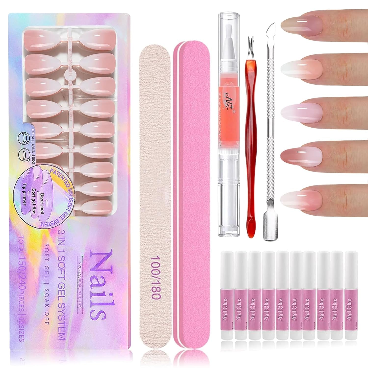 150 stuks gradiënt kunstnagels kit - 5 kleuren ombre ontwerp zelfklevende kunstnagels - volledige dekking voor vrouwen en meisjes - glanzende kunstnagels voor doe-het-zelf-manicure (vierkant)