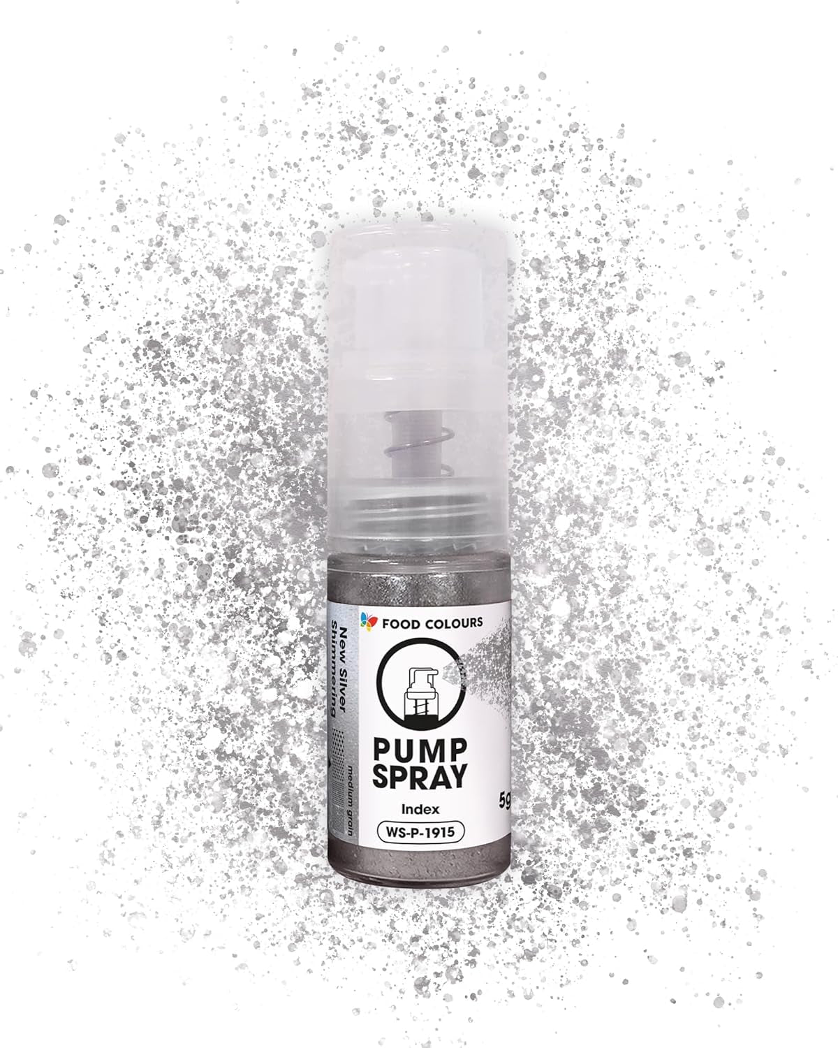 Eetbare glitter food spray NEW SILVER SHIMMERING 5G pomp met metallic poeder voor snelle en effectieve decoratie van taarten, crèmes, gelei, pralines, chocolade en suikerdecoraties