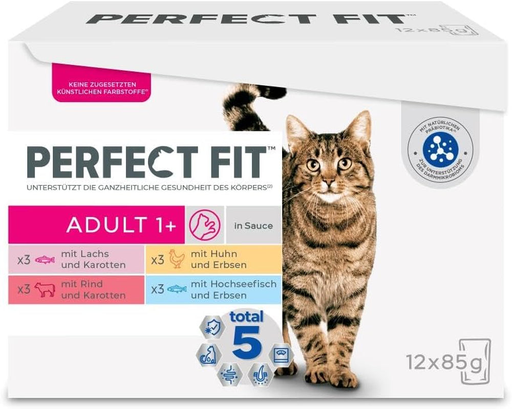 Perfect Fit Adult 1+ selectie natvoer met zalm, diepzeevis, rundvlees en kip, 48 zakjes, 12x85g (4 stuks) - Premium natvoer voor volwassen katten vanaf 1 jaar