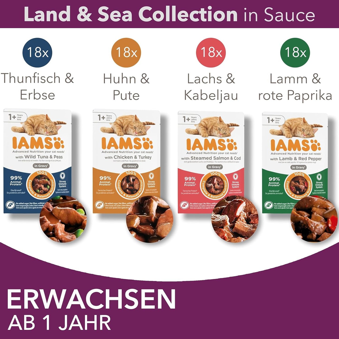 IAMS Delights Land & Sea Collection Natvoer voor katten - vlees- en visassortiment Multipack in saus, natvoer voor katten vanaf 1 jaar, 72 x 85 g