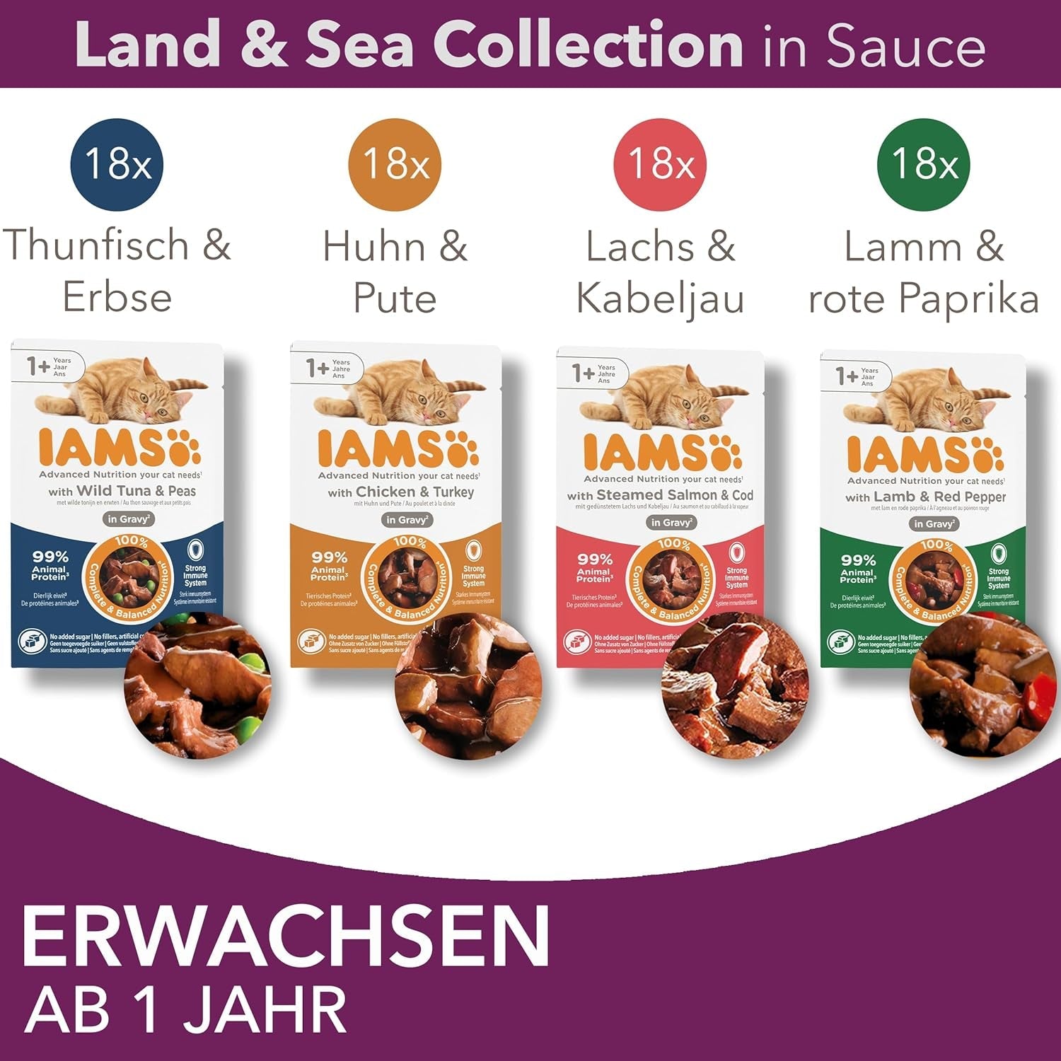 IAMS Delights Land & Sea Collection Natvoer voor katten - vlees- en visassortiment Multipack in saus, natvoer voor katten vanaf 1 jaar, 72 x 85 g
