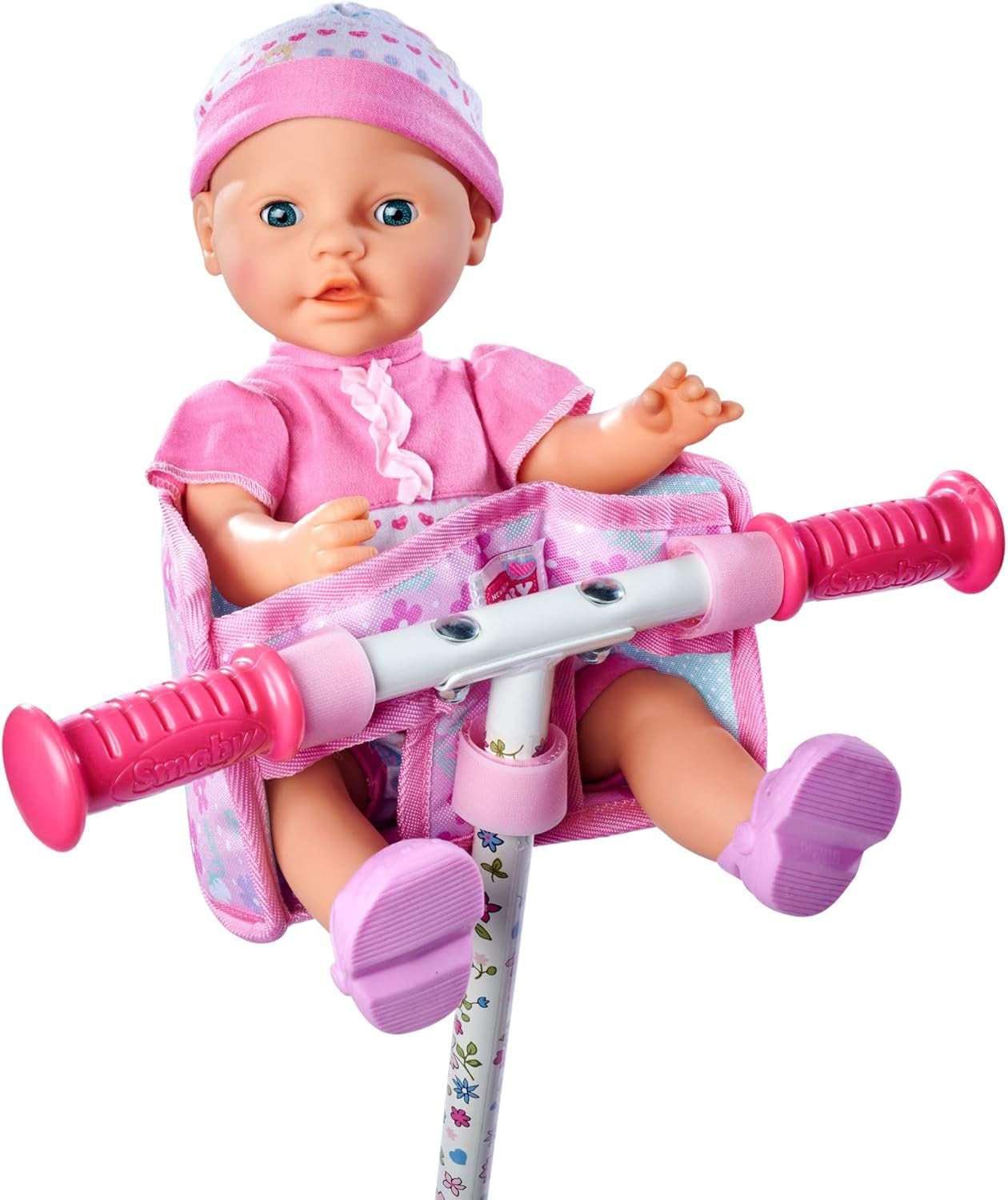 Simba 105560018 - Fietsstoeltje voor pasgeborenen met riem, poppenaccessoire, stoffen zitje, veiligheidsgordel, stuur met klittenband, voor poppen van 30-43 cm, vanaf 3 jaar