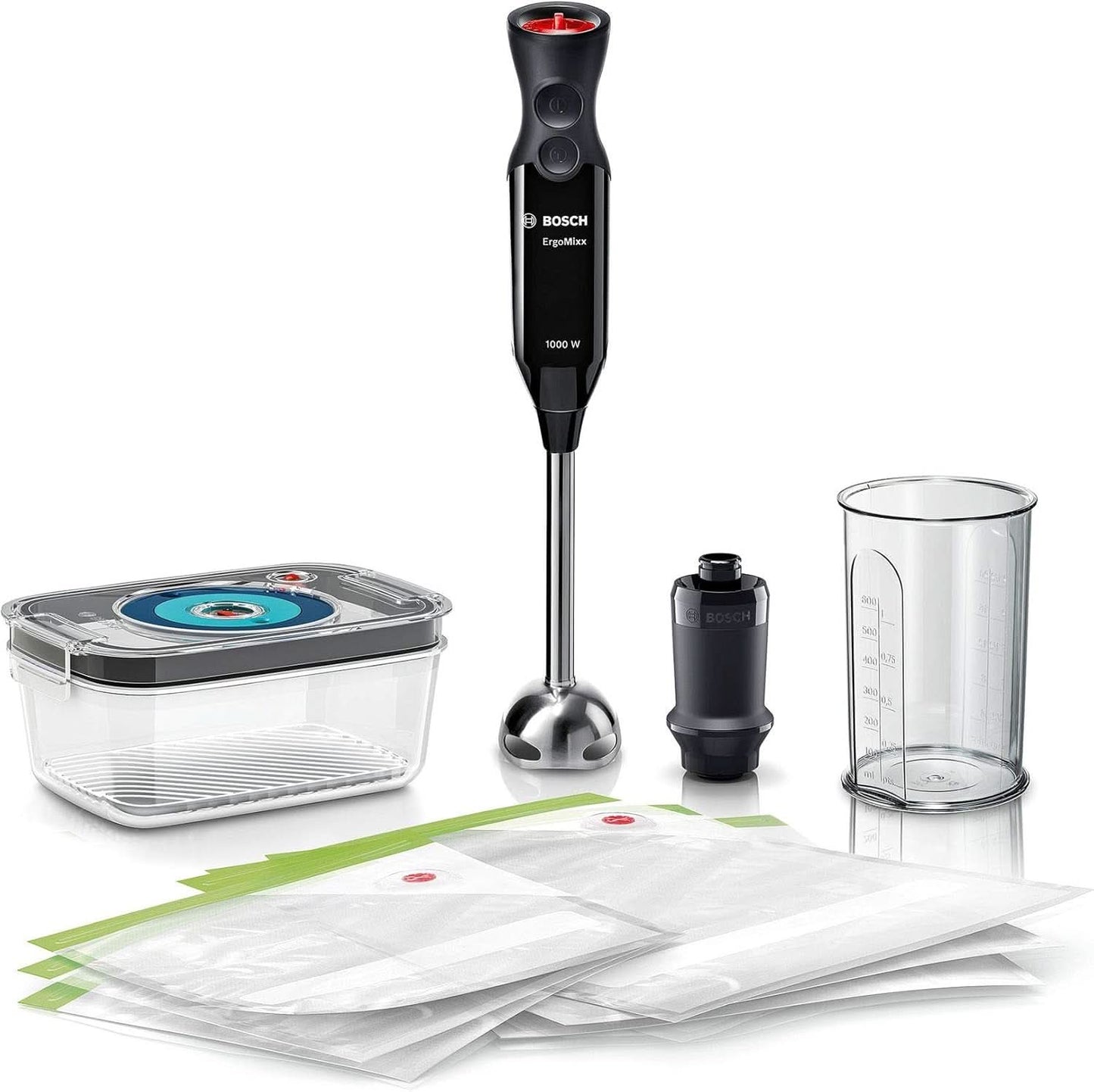 Bosch Stabmixer Ergomixx MS6CB61V1, Vakuum-Funktion, Edelstahl-Mixfuß, Mix- Und Messbecher, Vakuum-Pumpe, Vakuum-Beutel, Vakuum-Frischhaltedose, 12 Stufen plus Turbo, 1000 W, Zwart/Anthraziet Keuken Naty Shop