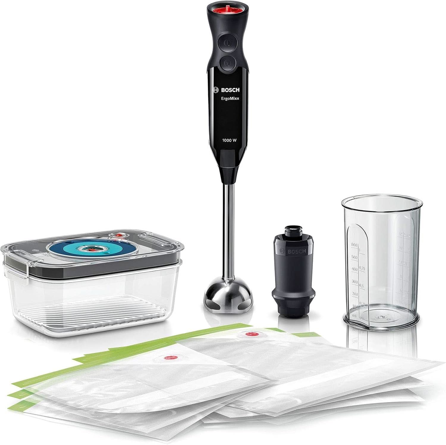 Bosch Stabmixer Ergomixx MS6CB61V1, Vakuum-Funktion, Edelstahl-Mixfuß, Mix- Und Messbecher, Vakuum-Pumpe, Vakuum-Beutel, Vakuum-Frischhaltedose, 12 Stufen plus Turbo, 1000 W, Zwart/Anthraziet Keuken Naty Shop
