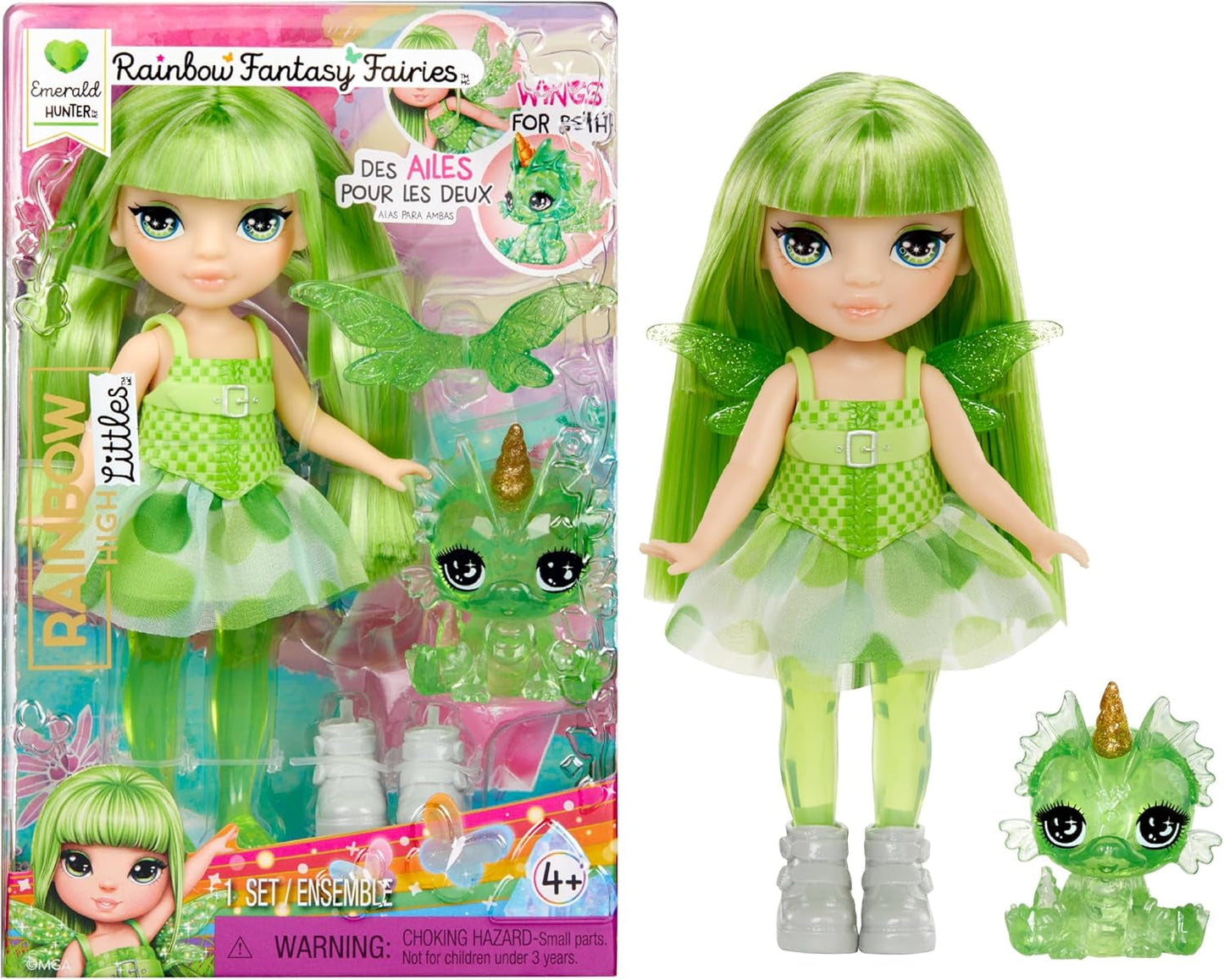 Rainbow High Littles Rainbow Fantasy Fee en huisdier - Smaragdgroen, Groen - 14 cm gelede kleine fantasiedrakenpop met verwisselbare sprookjesvleugels, zoet cadeau voor kinderen vanaf 4 jaar
