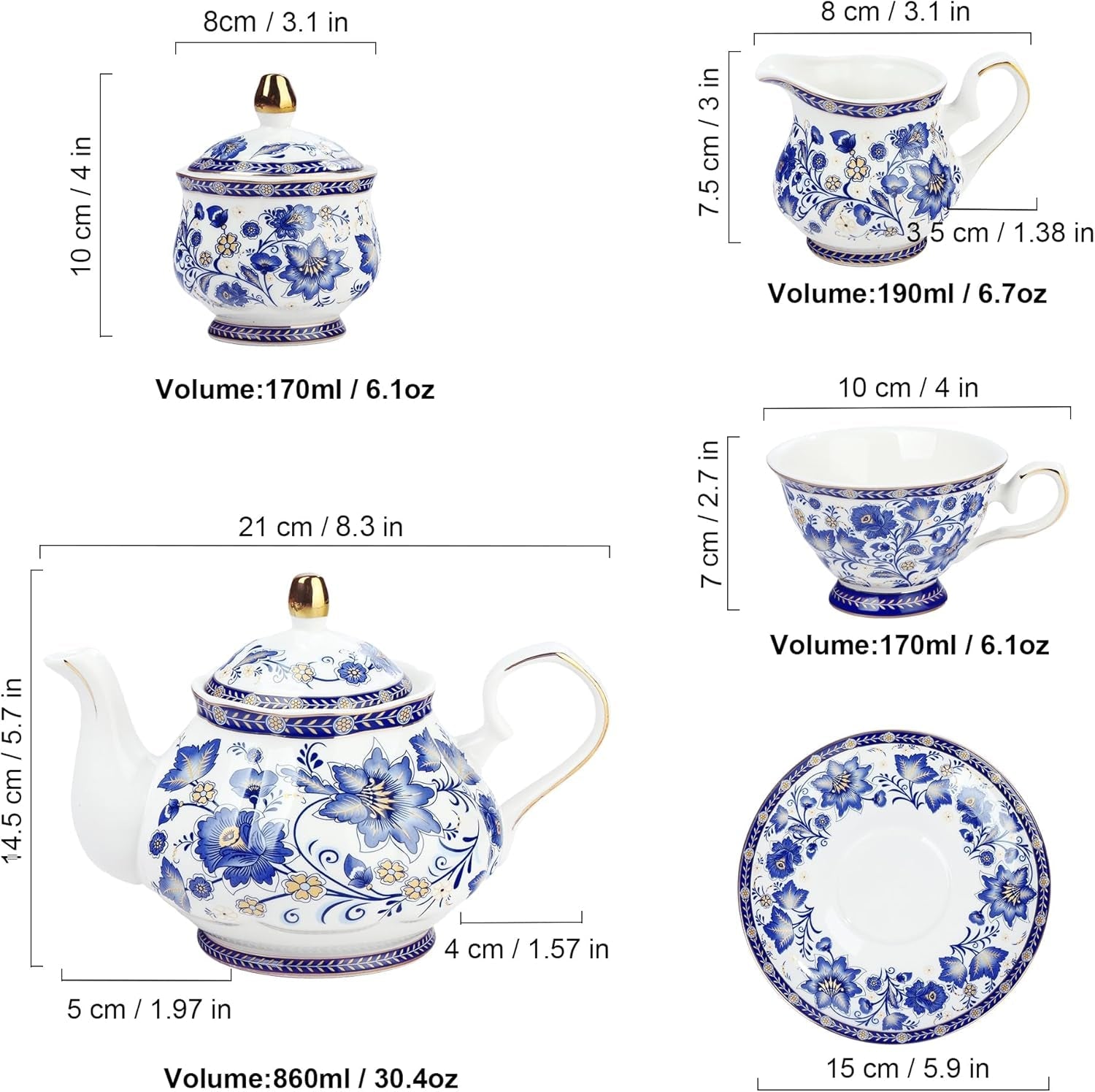 Fanquare porseleinen theeservies met blauwe bloem en metalen standaard Vintage porseleinen koffiekop en schotel Engelse koffieset voor volwassenen