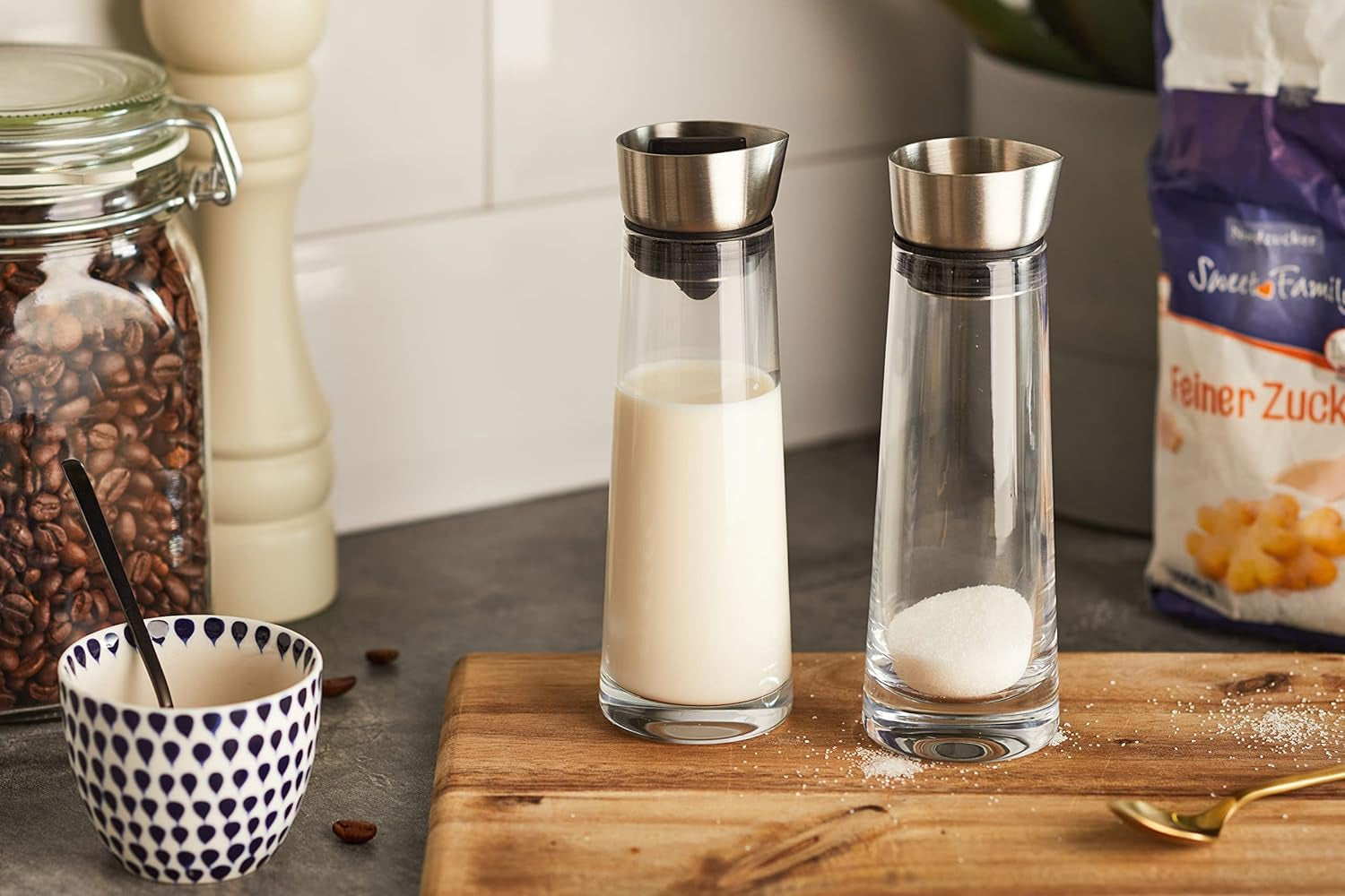 blomus -MACCHIATO- Glazen suiker- en roomset, inhoud 180 ml, roestvrijstalen deksel, voor thee en koffie, hoogwaardige afwerking, exclusieve uitstraling (H / B / D: 17 x 5,4 x 5,4 cm, transparant, 63510)