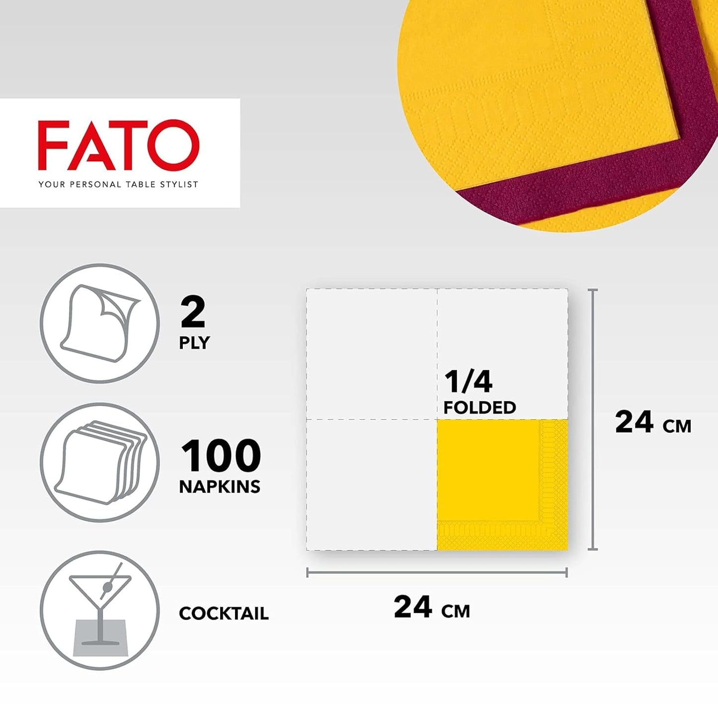 , Papieren wegwerpservetten, ideaal voor hapjes en cocktails, verpakking van 100 servetten, maat 24X24, 4-laags, 2-laags, geel, 100% puur cellulosepapier, FSC-gecertificeerd (pak van 3)