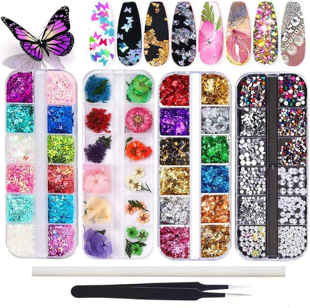 Kalolary Gedroogde Bloemen voor Nagels Vlinder Pailletten Nagellak Folie Nagelstickers Pincet Nagelstenen Nagelsteentjes Potlood voor 3D Nageldesign DIY Decoraties