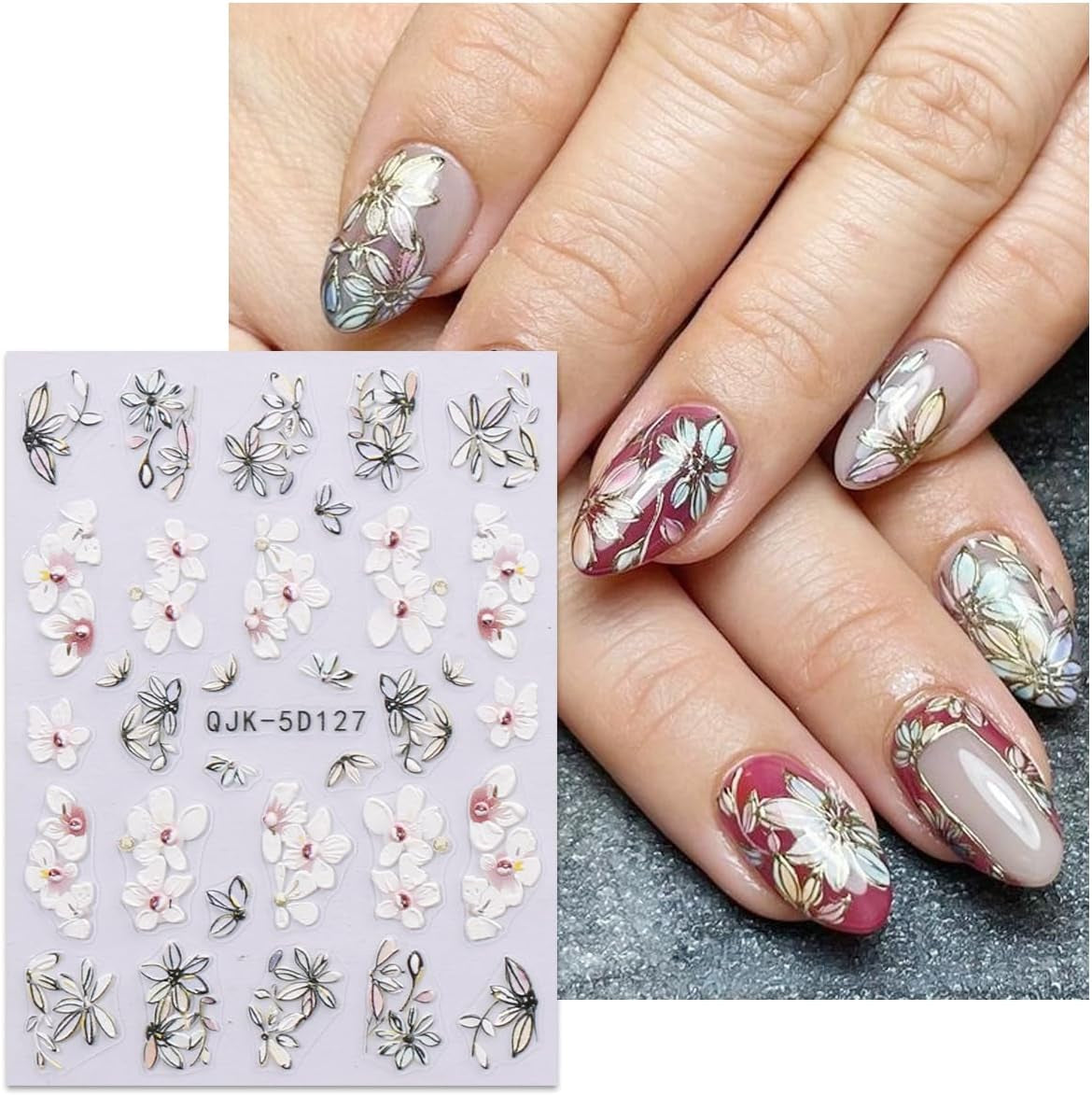 JMEOWIO 3D Nagelsticker Blumen Nail Art Sticker Selbstklebend Nagelaufkleber 5D Stereoskopisch Frühling Zomer Decoratie Nageldesign Zubehör 4 Blatt
