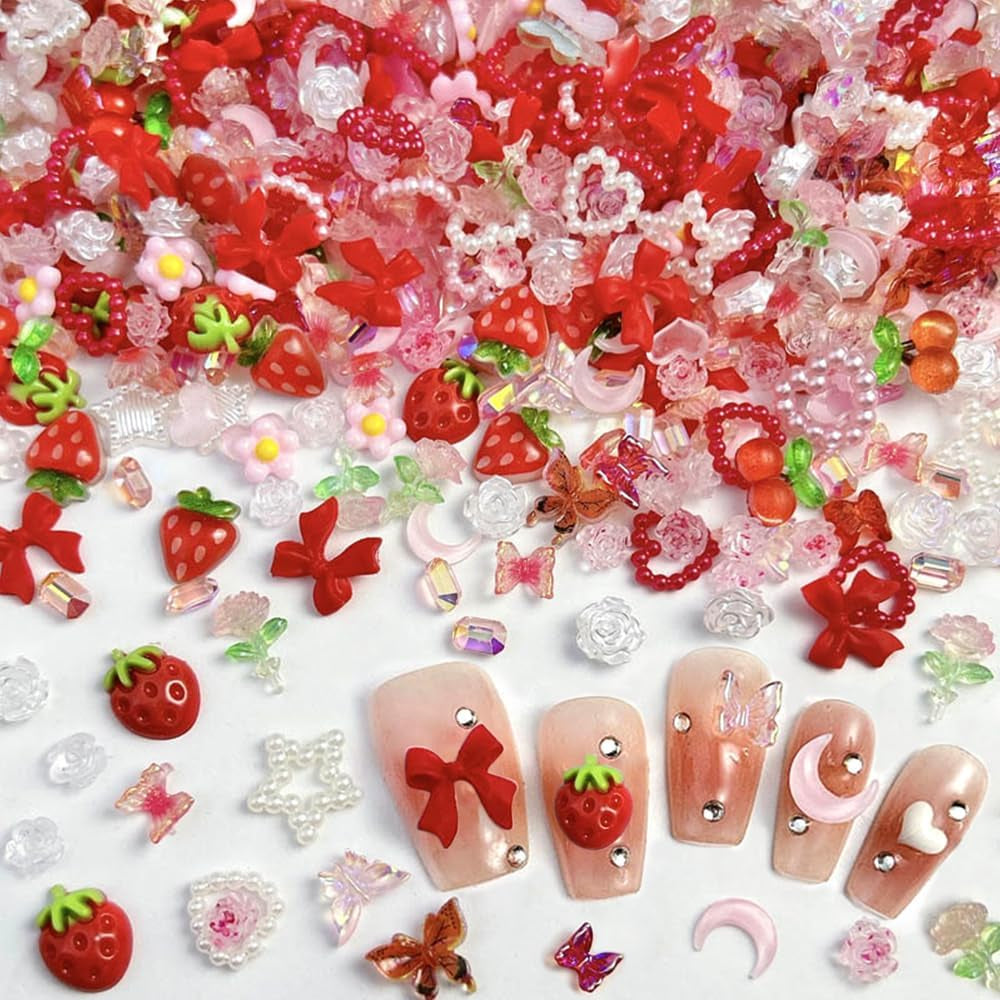 100 stuks 3D nagelbedels Rosa Rot Kirsche Erdbeere Blume Nagel Charms Kamelie Rose Schmetterling Nail Art Charms Flatback Herz Schleife Charms Nägel Zubehör Mond Stern Nagelschmuck Nageldesign Anhänger