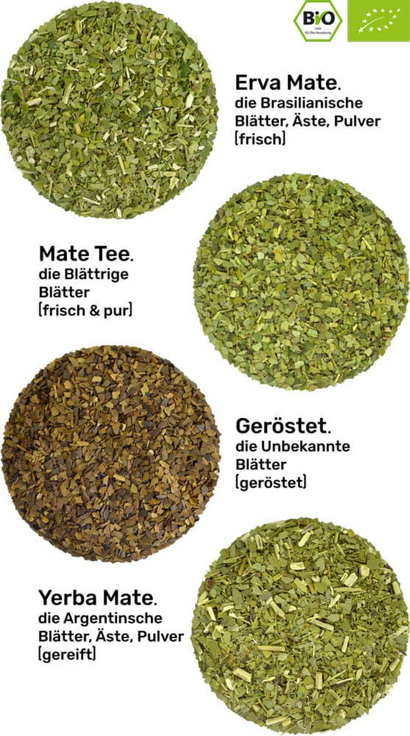 Mate thee proefset ● 4 soorten biologische Mate thee ● 100 g elk Erva Mate + Yerba Mate + Groene Mate thee + Geroosterde Mate thee