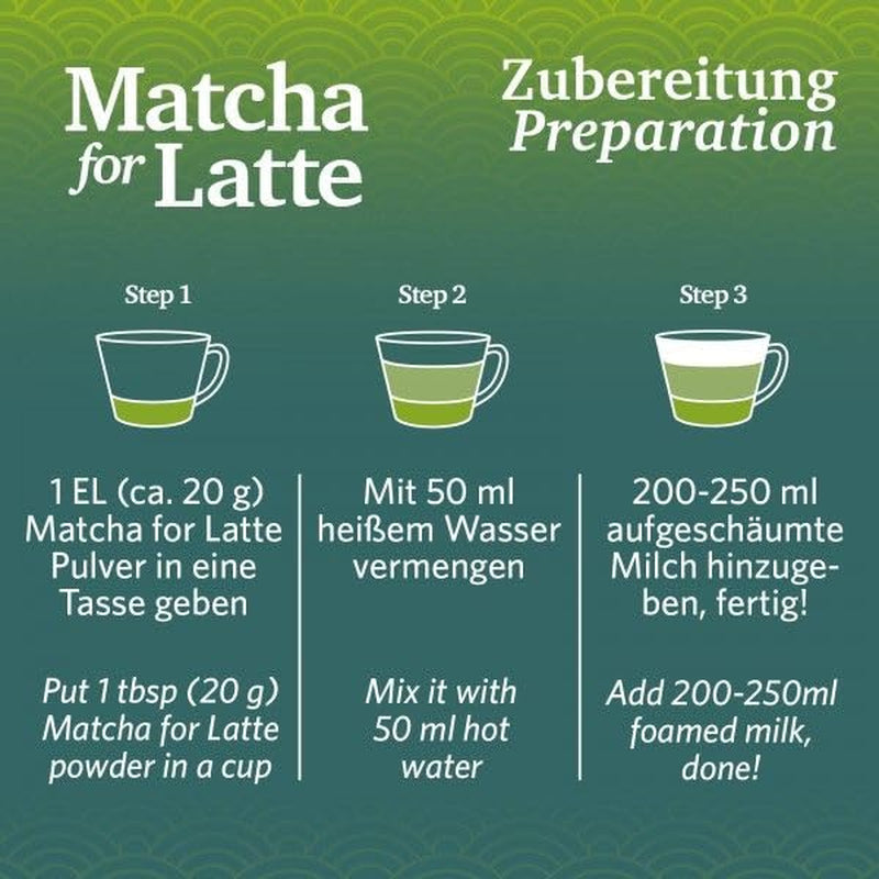 Matcha voor latte Groene theemelange met rietsuiker, 400 g, veganistisch, voor 20 porties