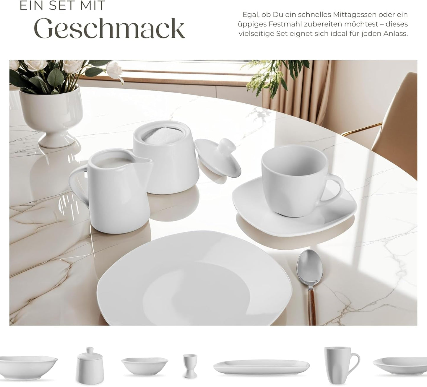 tectake® 12-persoons serviesset, 100-delige porseleinen serviesset, inclusief 12 borden, 12 dessertborden, 12 dinerborden, 12 kopjes, 12 ontbijtgranenschalen, slakom, melkkan, suikerpot
