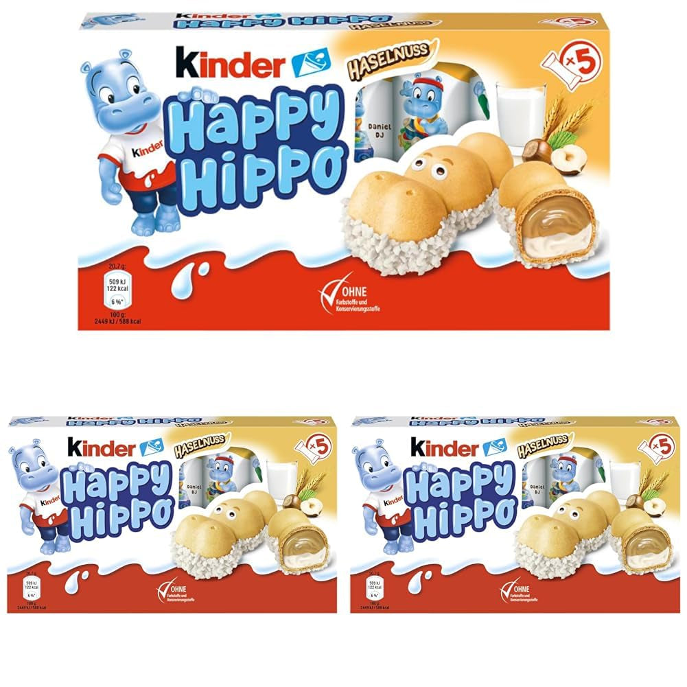 Kinder Happy Hippo Hazelnoot - Speciale knapperige wafels met melk en hazelnootcrème - Carnaval- en Mardi Gras-snoepjes - 1 pakje met 5 individuele repen van elk 20,7 g