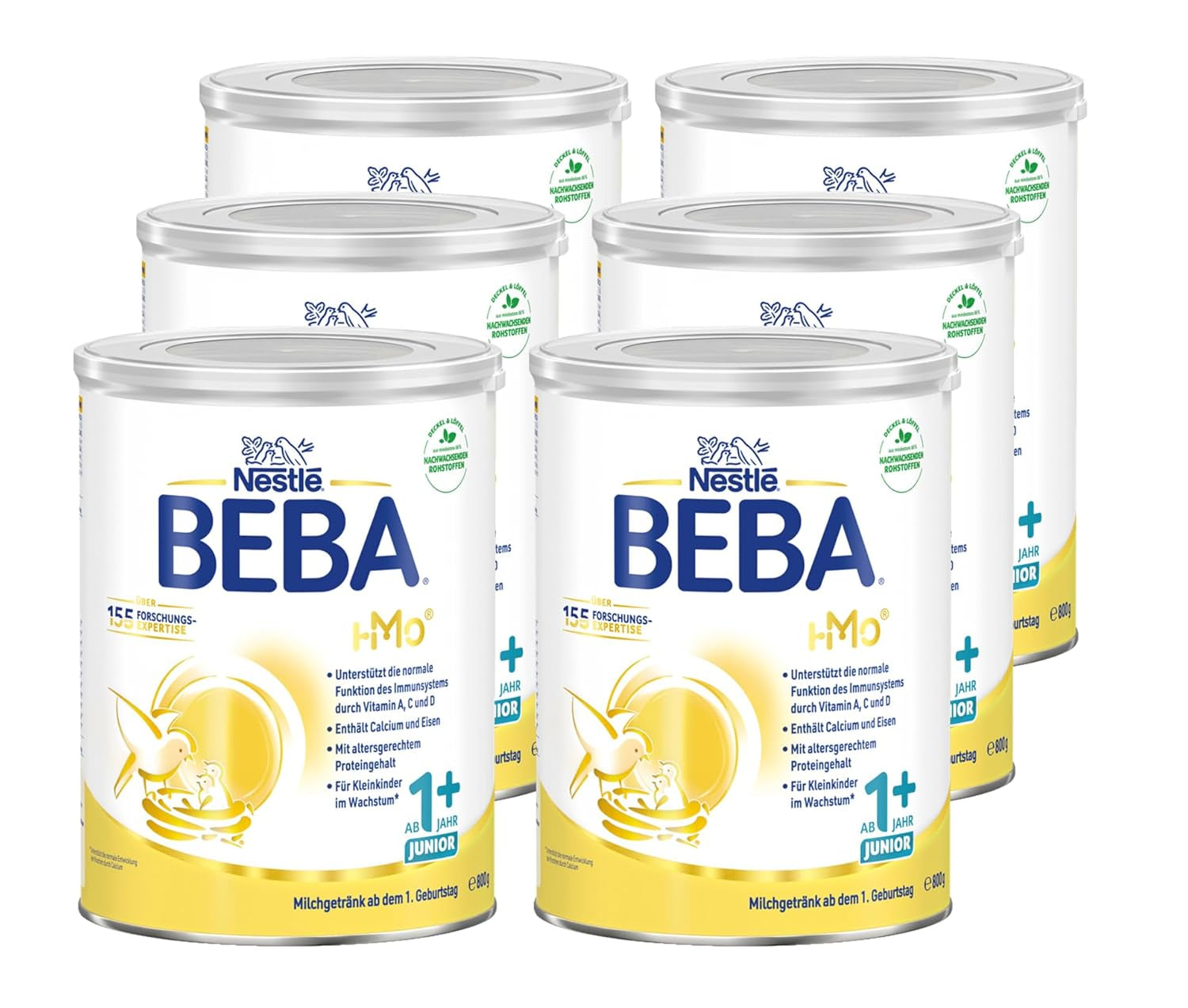 BEBA Junior 1+ melkdrank vanaf 1 jaar, Met HMO, Aan de leeftijd aangepast eiwitgehalte, Alleen lactose, Geen palmolie, Geen visolie, Peutervoeding, Babymelkpoeder, Verpakking van 6 (6 x 800 g)