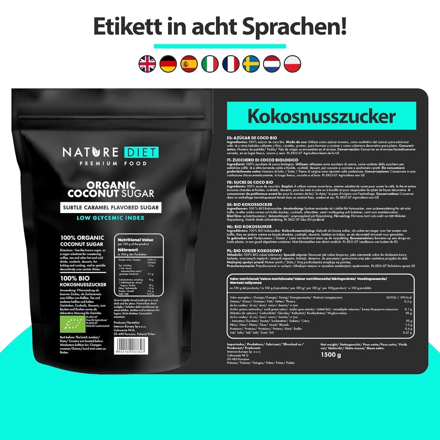 Biologische kokossuiker, karamelsmaak, 1,5 Kg Zoetstoffen Naty Shop
