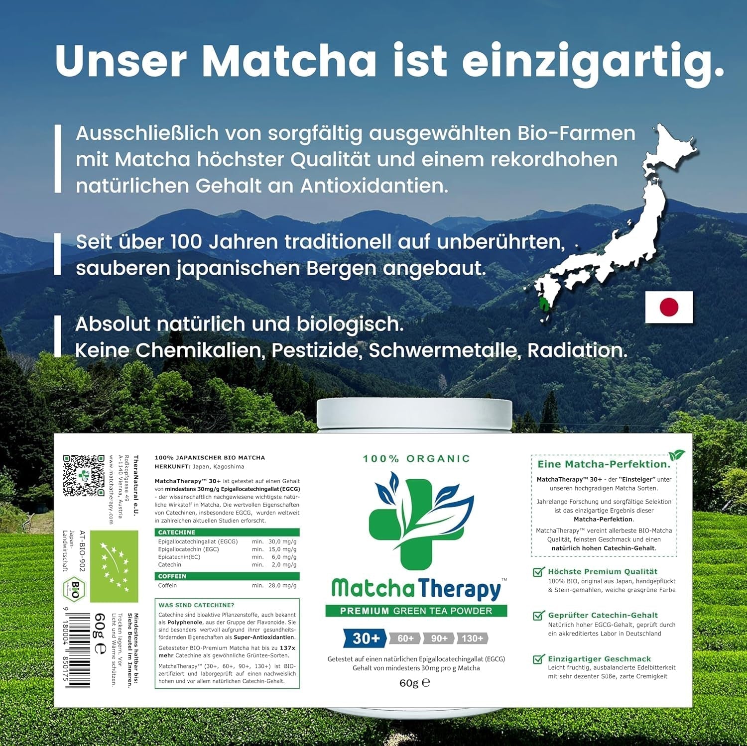 Matchatherapie 30+ | Biologische Matcha-theepoeder | 60 gram | Met een geverifieerd gehalte van minimaal 30 mg/g catechine EGCG | Ondersteunt het immuunsysteem en het energieniveau | Ceremoniële kwaliteit | Groene thee uit Japan