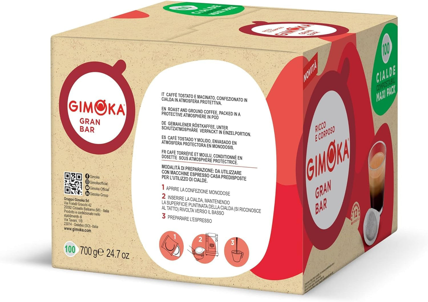Gimoka Kompostierbare Kaffeepads, Gran Bar Intenso Kaffeemischung, Intensität 12-100 Pads - Compatibel met ESE Systeem Papierblokken 44 mm