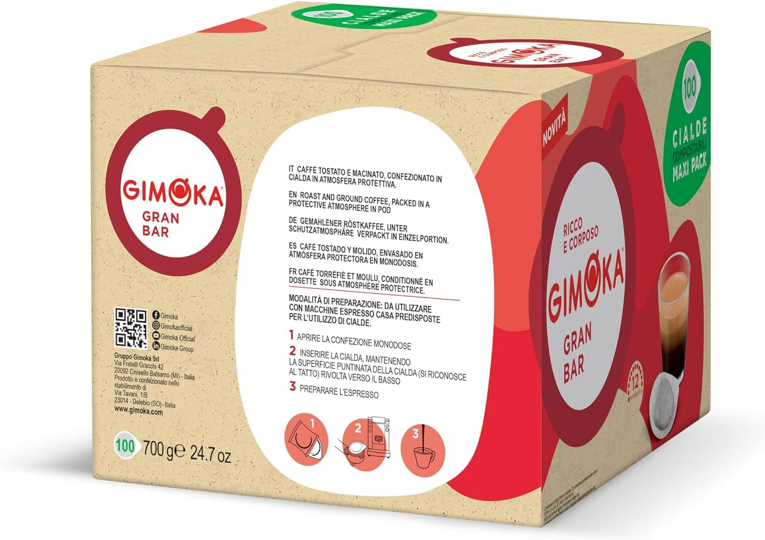 Gimoka Kompostierbare Kaffeepads, Gran Bar Intenso Kaffeemischung, Intensität 12-100 Pads - Compatibel met ESE Systeem Papierblokken 44 mm