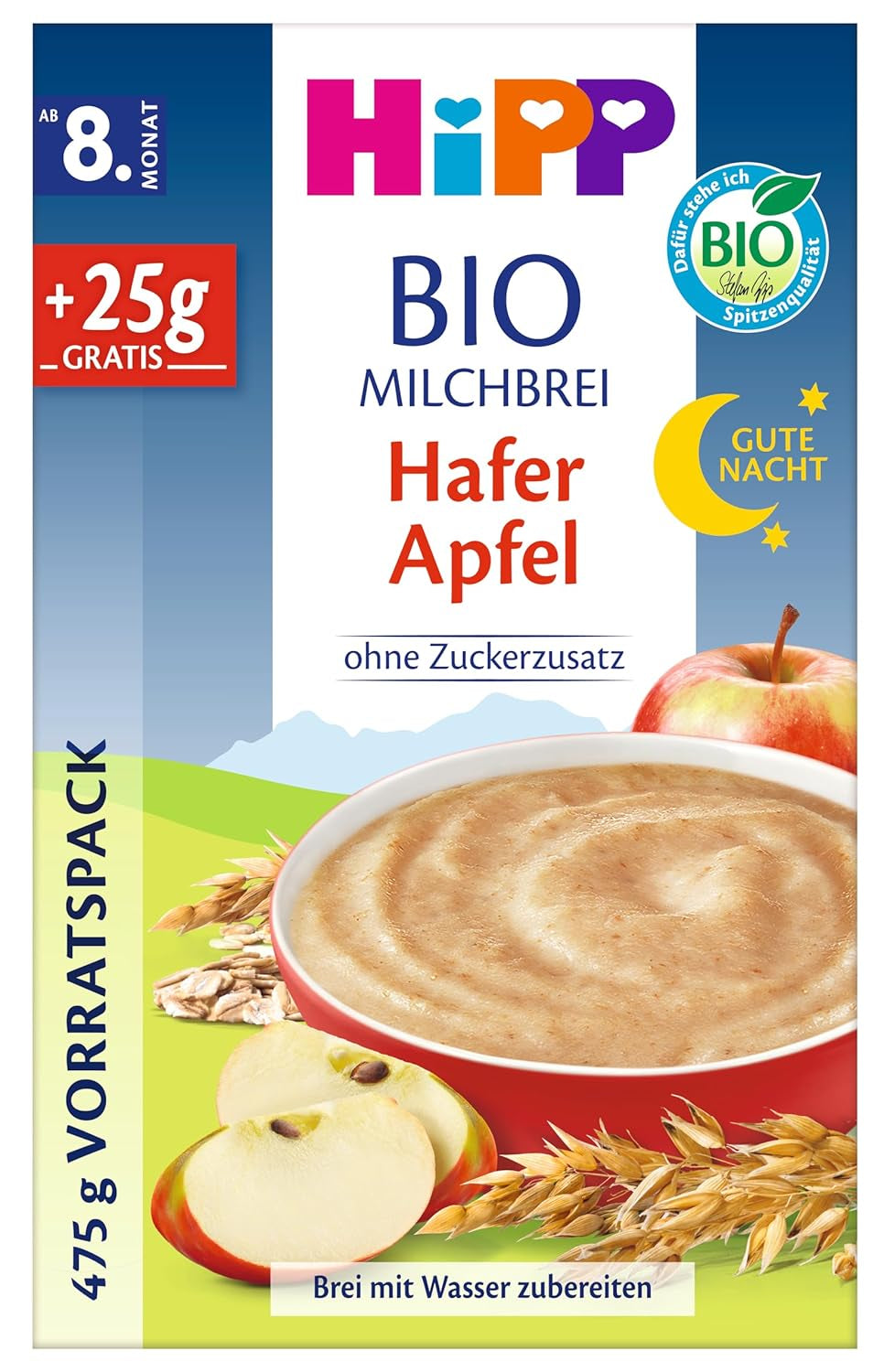 HiPP Good Night Havermout met appels en biologische havermelk (4 x 475g), vanaf 8 maanden, zonder toegevoegde suikers, met biologische volle granen en biologisch fruit, van de beste biologische kwaliteit