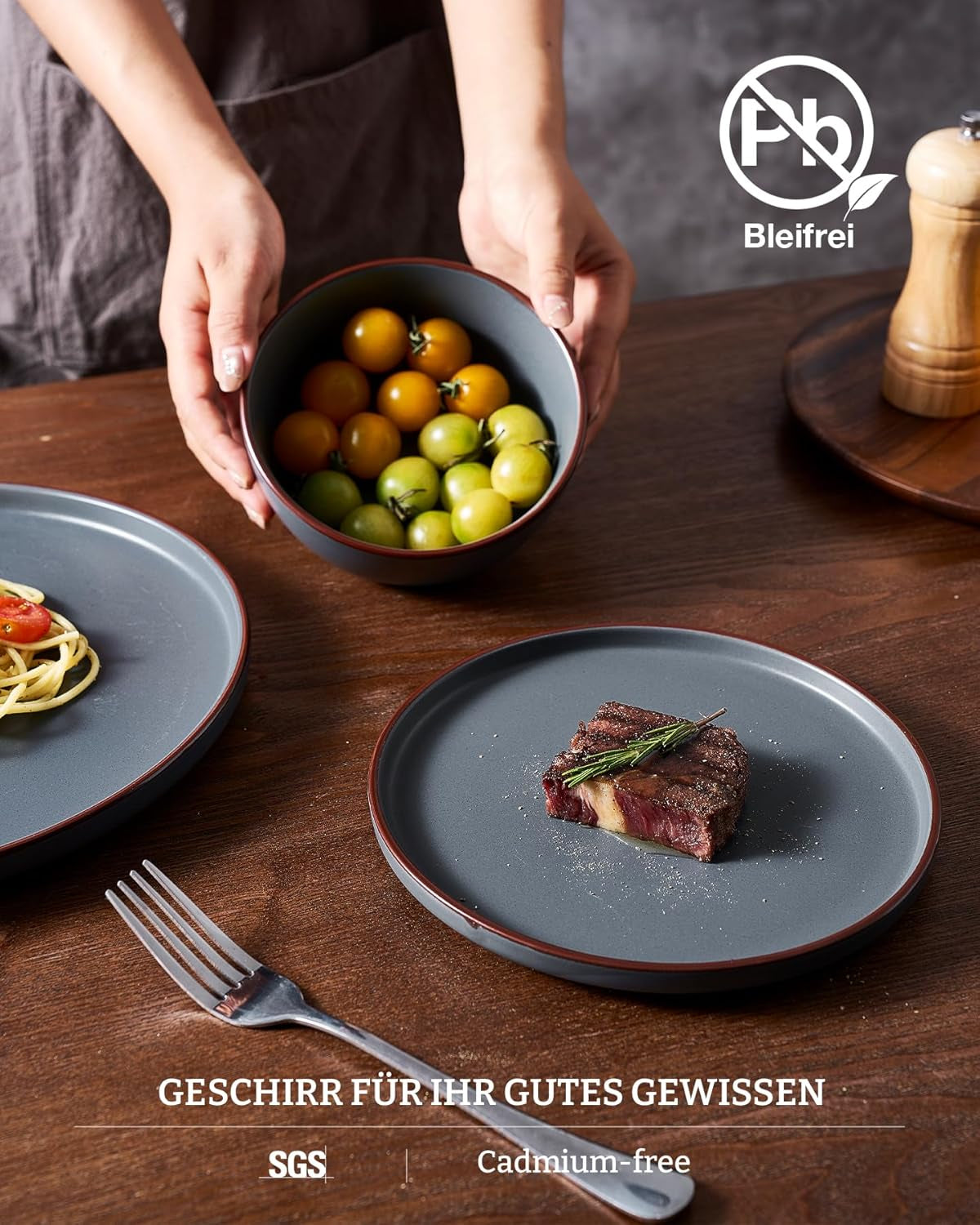 Mercury serviesset, 12-delige serviesset, 4-persoons aardewerk serviesset met dinerborden, dessertborden, ontbijtgranenschalen, magnetron- en vaatwasmachinebestendig, antracietgrijs