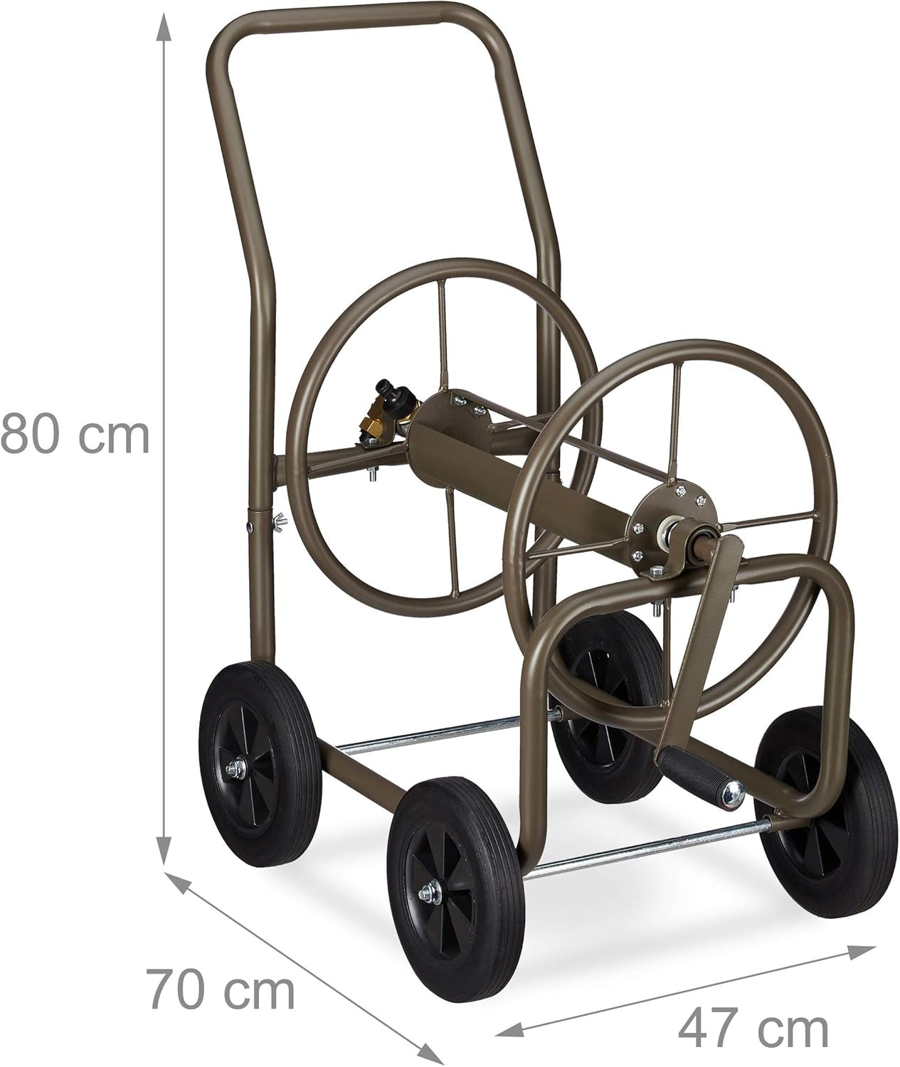 Relaxdays XL slangenwagen, mobiele slanghaspel, metaal, voor 60 m slang, 4 wielen, met slinger, 90° rol, bruin