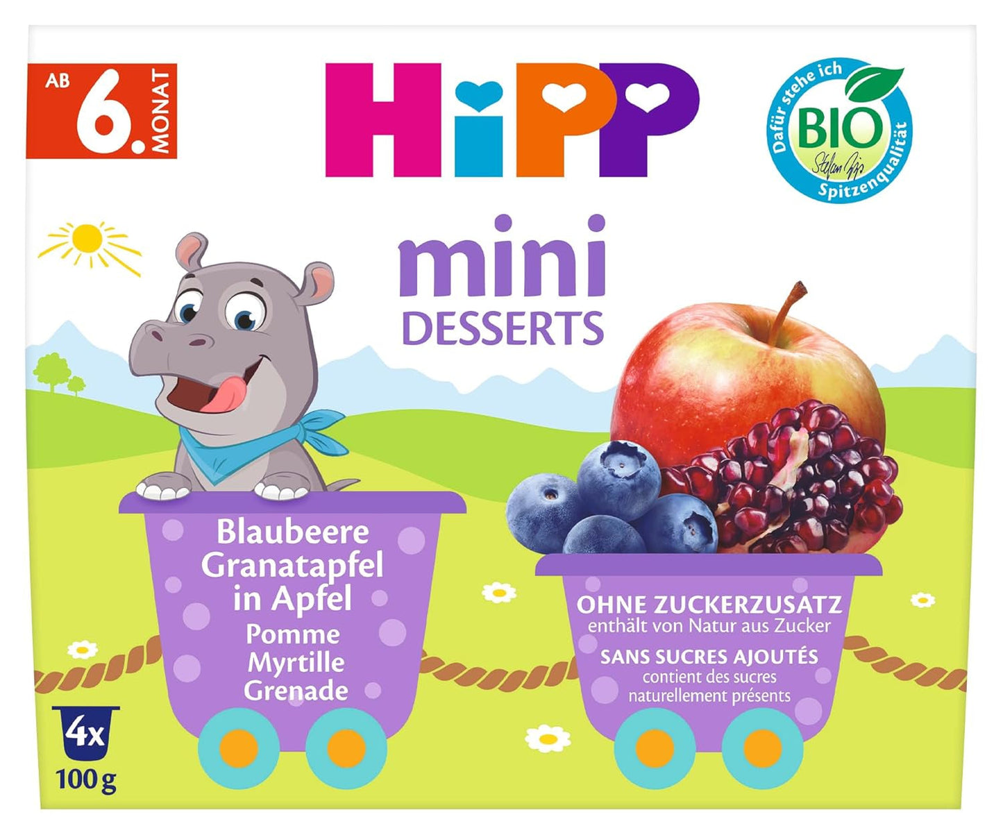 HiPP Biologisch Minidessert met Bosbessen en Granaatappel in Appelsmaak (pak van 6 x 4 x 100 g), vanaf 6 maanden, in praktische kopjes, zonder toegevoegde suiker, beste biologische kwaliteit