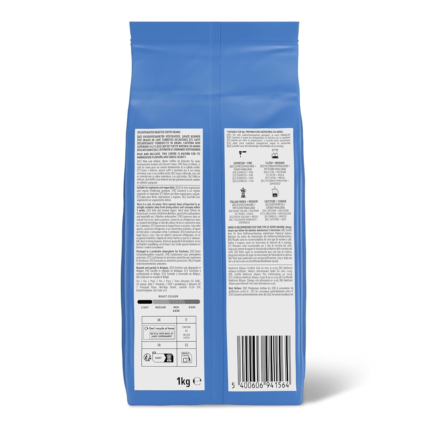 door Amazon Kaffeebohnen, entkoffeiniert, Lichte Röstung, 2 kg (2 Packungen mit 1 kg), Rainforest Alliance zertifiziert