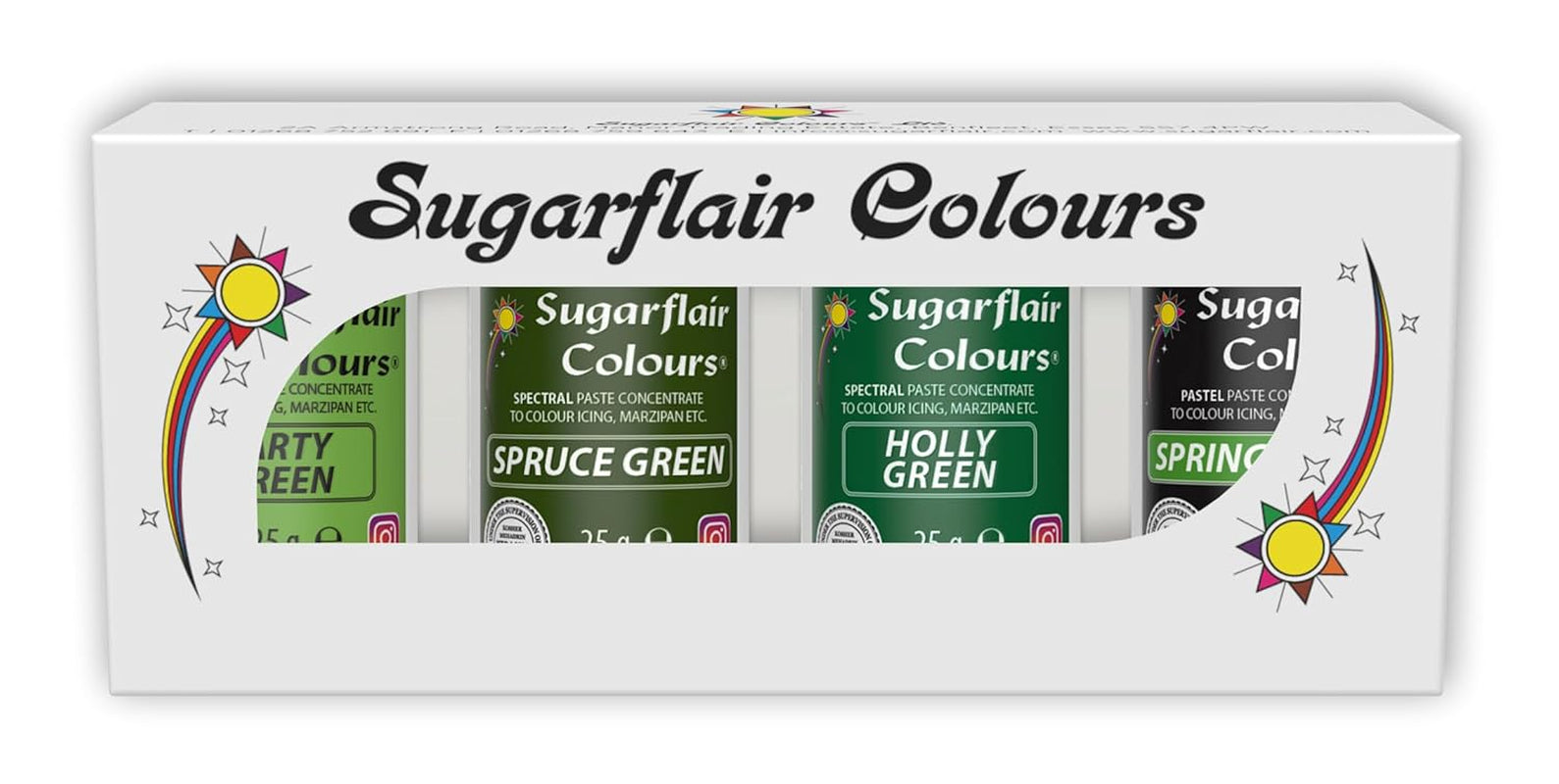 Sugarflair Pasta kleurstof, groen, set van 4, kleurstof voor pasta, fondant, marsepein, suikerpasta, botercrème en meer: ​​Ilex groen, lentegroen, sparrengroen, feestgroen - set van 4