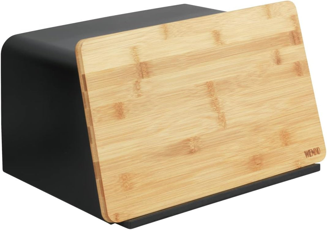 WENKO Kubo broodmand met bamboeplank, veelzijdige broodopslag met deksel en geïntegreerde bamboe snijplank, voedselopbergdoos, duurzame broodopslag, 35 x 20,5 x 26 cm, zwart/natuur Naty Shop voedselopbergdozen zwart/bruin