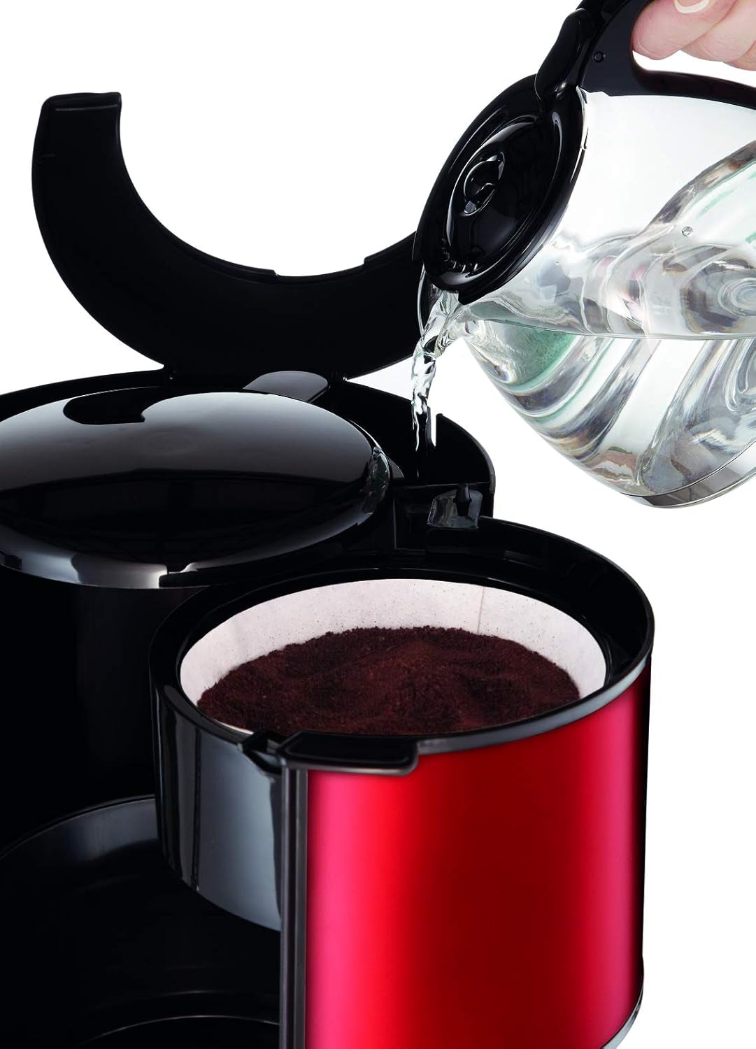 Subito Espressomachine met filter, glazen karaf, 10-15 kopjes, capaciteit 1,25 liter, automatische uitschakelfunctie, verwijderbaar filter, waterniveau-indicator, roestvrij staal, rood/zwart, FG360D