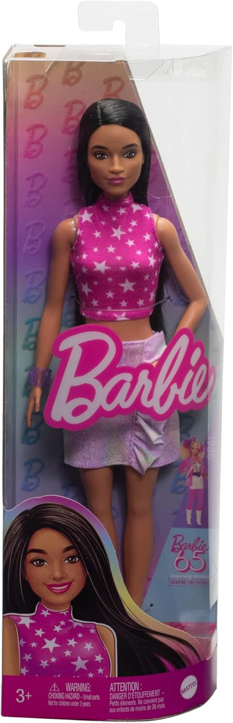 Barbie Fashionistas pop nr. 215 met steil zwart haar roze sterpatroon top en iriserende rok 65e verjaardag collectible modepop HRH13 Naty Shop Dolls