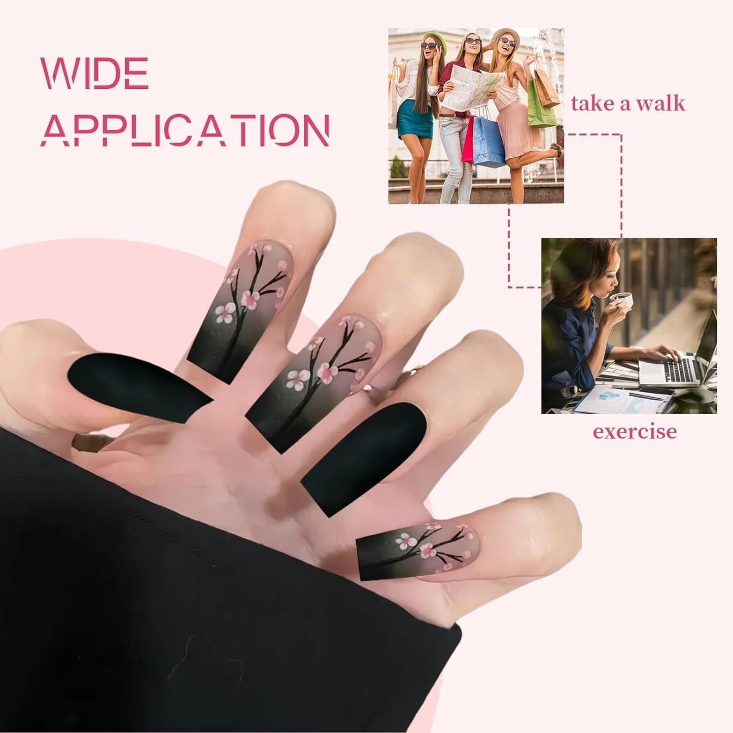 24 stuks herfst zwarte Franse pers nagels roze bloem lange nagels lijm op kunstnagels herfst kunstnagels set met accessoires