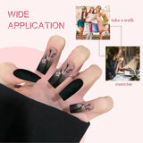 24 stuks herfst zwarte Franse pers nagels roze bloem lange nagels lijm op kunstnagels herfst kunstnagels set met accessoires