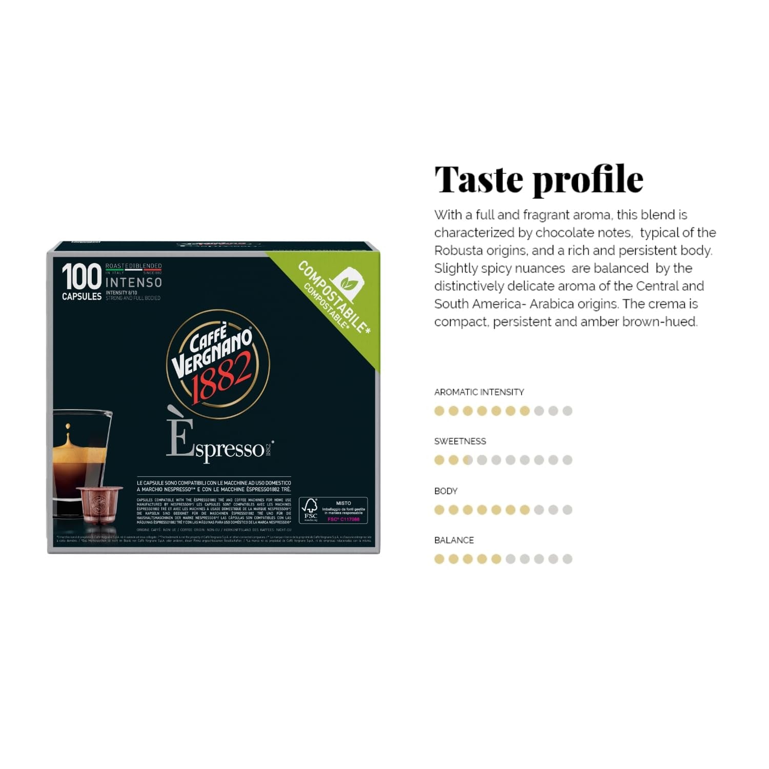 Caffè Vergnano 1882 - Èspresso Kompostierbare Kaffeekapseln , Compatibel met Nespresso, Intenso (Intenso) - Packung Enthält 100 Kapseln