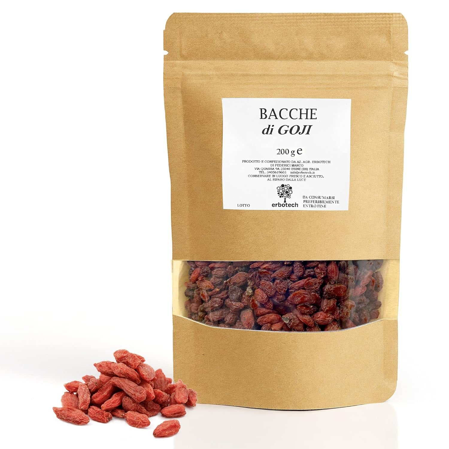 ERBOTECH Goji-bessen 200 g, goji-bessen met hoog vitaminegehalte, gedroogd fruit zonder suiker en zwavel, natuurlijke en energierijke superfoods, Made in Italy Gedroogde producten Naty Shop 200 G