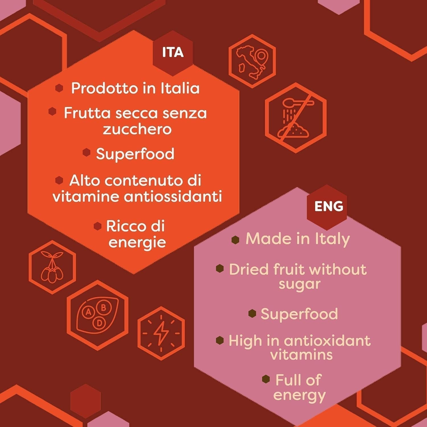 ERBOTECH Goji-bessen 200 g, goji-bessen met hoog vitaminegehalte, gedroogd fruit zonder suiker en zwavel, natuurlijke superfoods en rijk aan energie, Made in Italy Gedehydrateerde producten Naty Shop