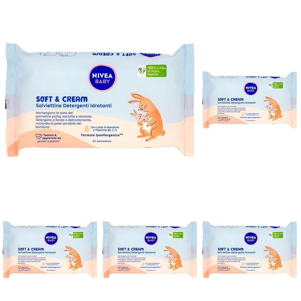 NIVEA Baby Vochtinbrengende Reinigingsdoekjes Soft & Cream, 57 stuks, voor een schone, droge en gehydrateerde huid, babydoekjes met amandelmelk en vitamines B5, C en E