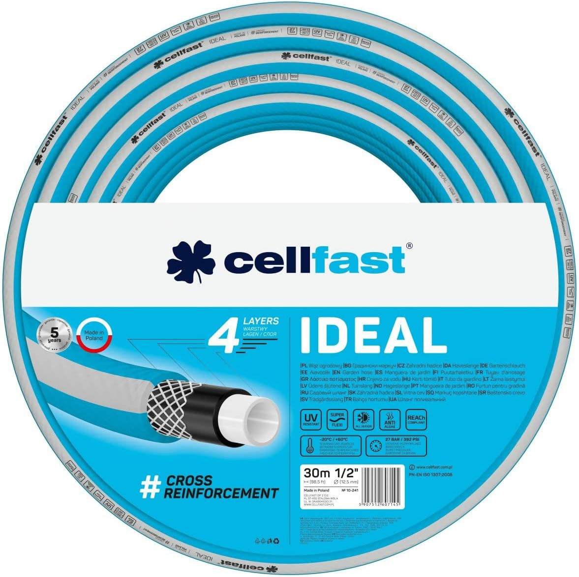 Tuinslang Cellfast IDEAL, Duurzaam, Flexibel, 4 lagen, Duurzaam kruisvlechtwerk, UV- en algenbestendig, REACH technologie, 27 bar, -20/+60° korte termijn 1/2", 30m