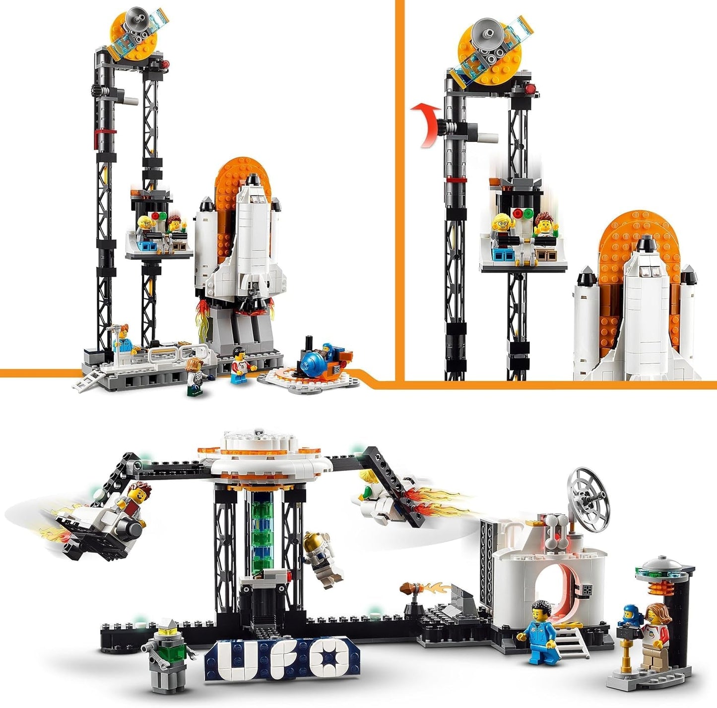 LEGO 31142 Creator 3-in-1 ruimteachtbaan speelgoedset voor kinderen met werkende karren, kan worden omgebouwd tot een vrije val-toren of carrousel met raketten en gloeiende stenen Bouwsets