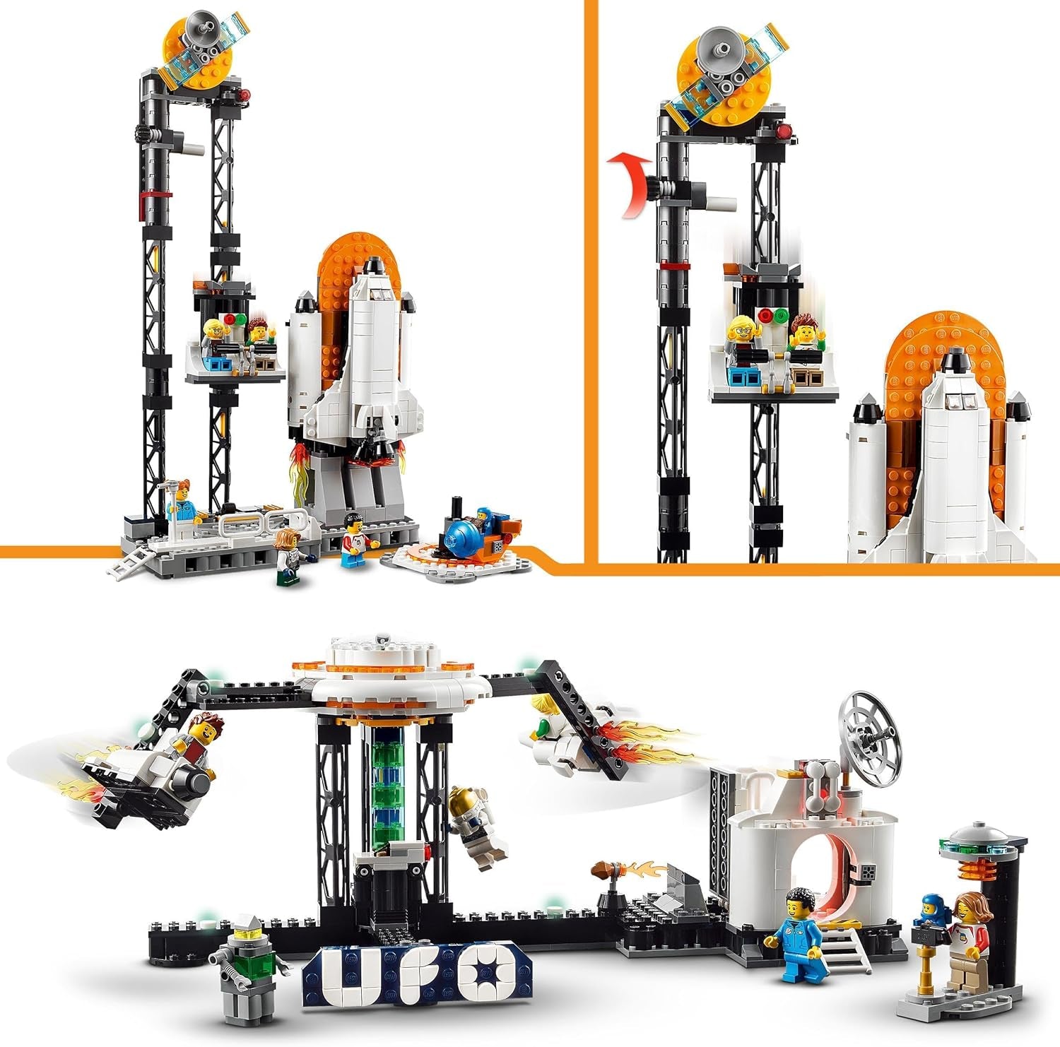LEGO 31142 Creator 3-in-1 ruimteachtbaan speelgoedset voor kinderen met werkende karren, kan worden omgebouwd tot een vrije val-toren of carrousel met raketten en gloeiende stenen Bouwsets