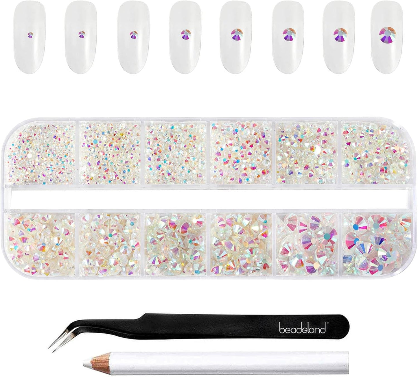 Beadsland 2500 stuks glas Nailart Strasssteine ​​Kristall Flatback Edelsteine ​​Runde, voor handwerk Gemischt 8 Größen SS4 ~ SS30 Mit Picking Pinzette en Stift (Kristall Weiss)