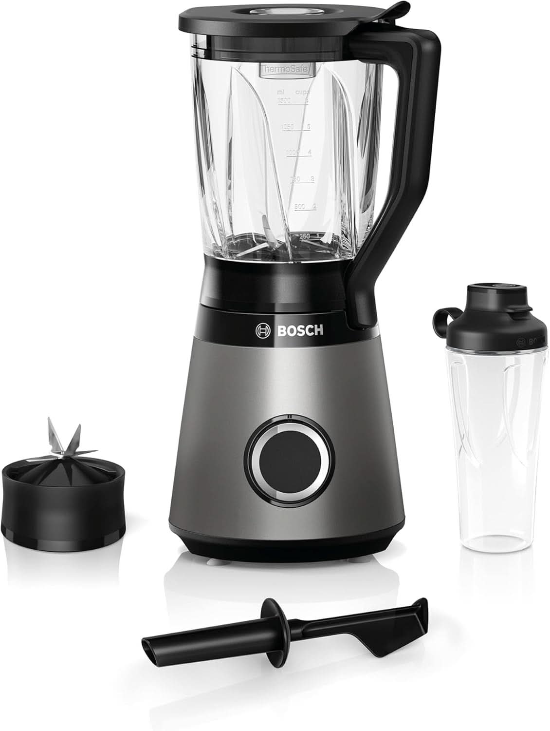 Bosch Standmixer Vitapower Serie 4 MMB6174SN, Verbesserte Versie, Hoge Edelstahl-Klingen, 1,5L Glasbehälter, 0,6L To-Go-Flasche, Spülmaschinenfeste Teile, 30.000 U/Min, 1200 W, Silver Kitchen Naty Shop Single 2-in-1 Standmixer