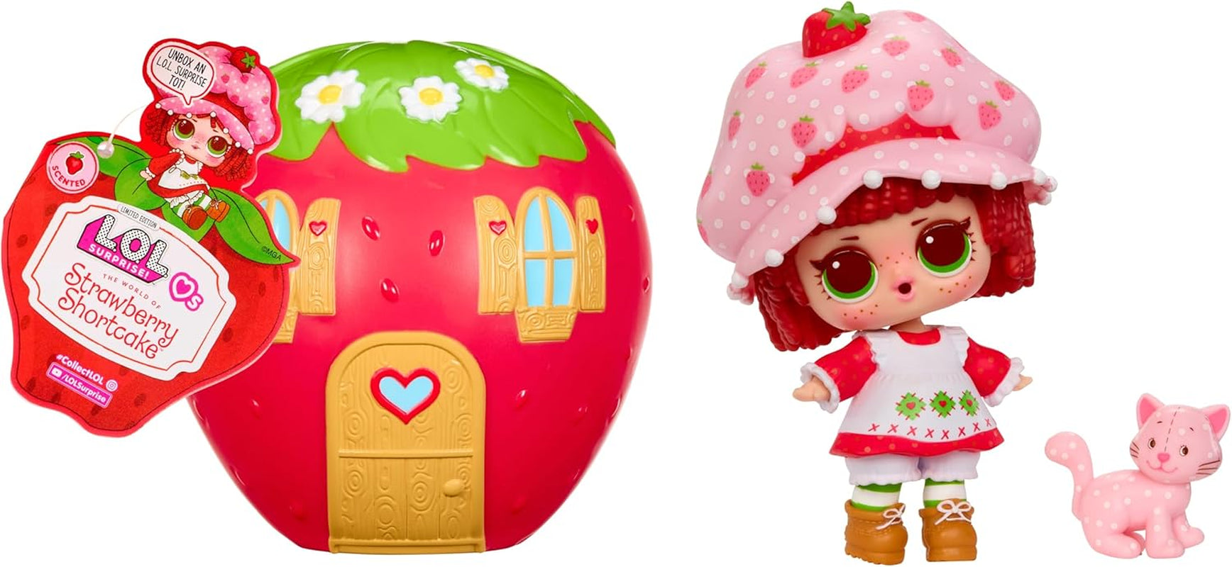 LOL Verrassing! Loves Strawberry Shortcake Tots - Geurpoppen om te verzamelen met 7 verrassingen, huisdier, mode, schoenen, hoed, speelset met Strawberry Shortcake Convertible House, vanaf 4 jaar