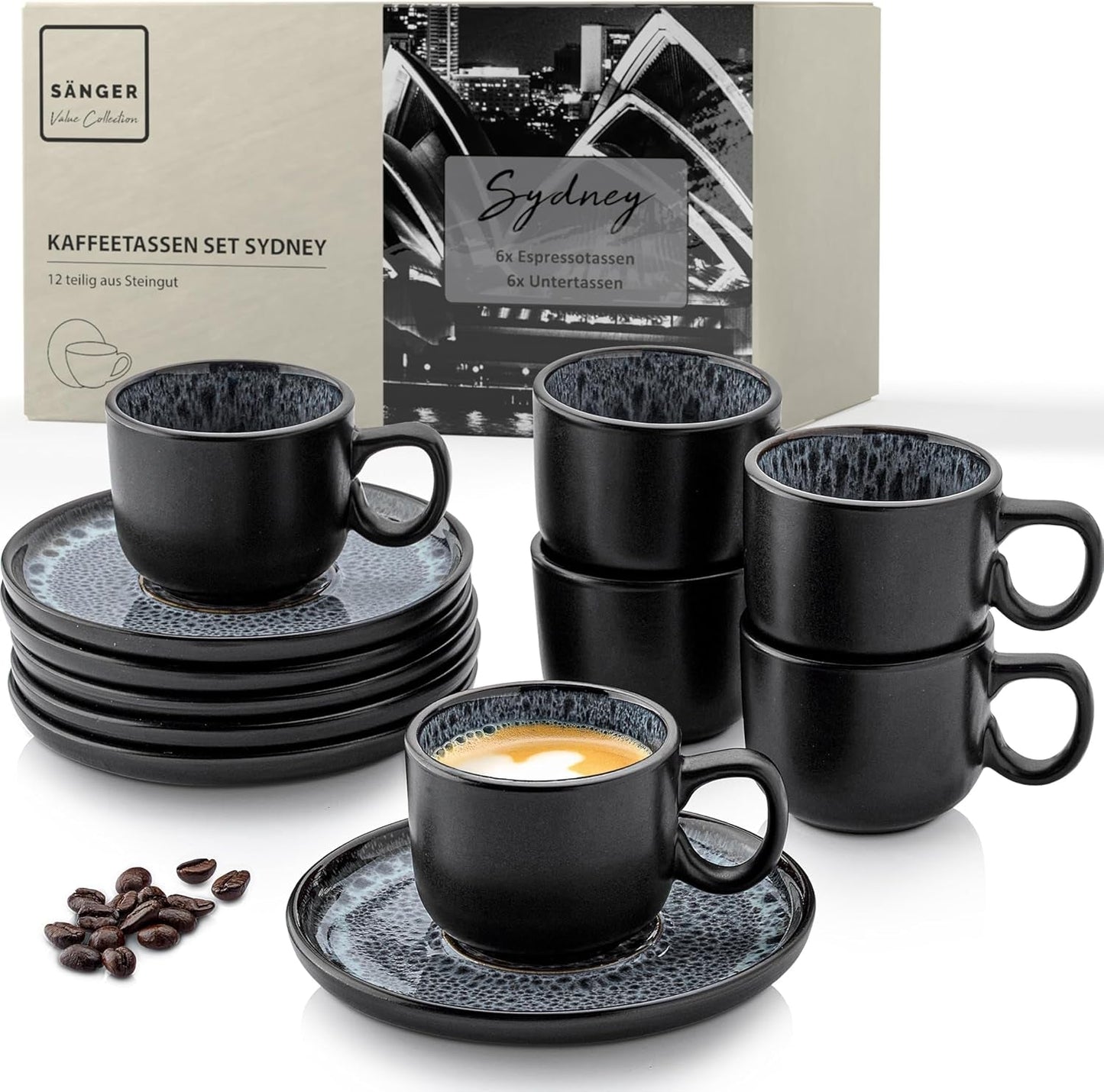 ZANGER Sydney | Keramische espressokopjes set van 12, mokka kopjes set voor 6, kop en schotels, vaatwasmachine- en magnetronbestendig, donkergrijs, 80 ml | DE WAARDE-COLLECTIE