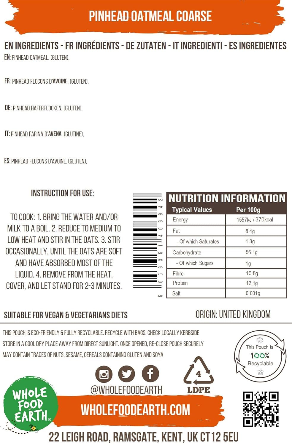Wholefood Earth Pinhead Havermout Grof Gestabiliseerd 3kg | Niet-GMO | Rijk aan vezels