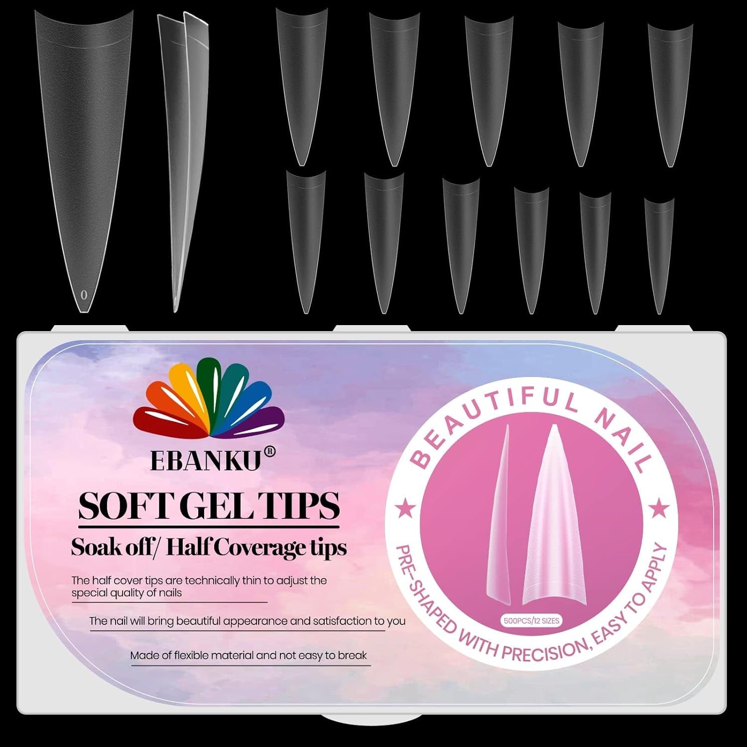EBANKU 500 stuks kunstmatige nep-nageltips matte zachte gel heldere tips kunstmatige nageltips voor nagelverlengingen valse nagelset 12 maten-A
